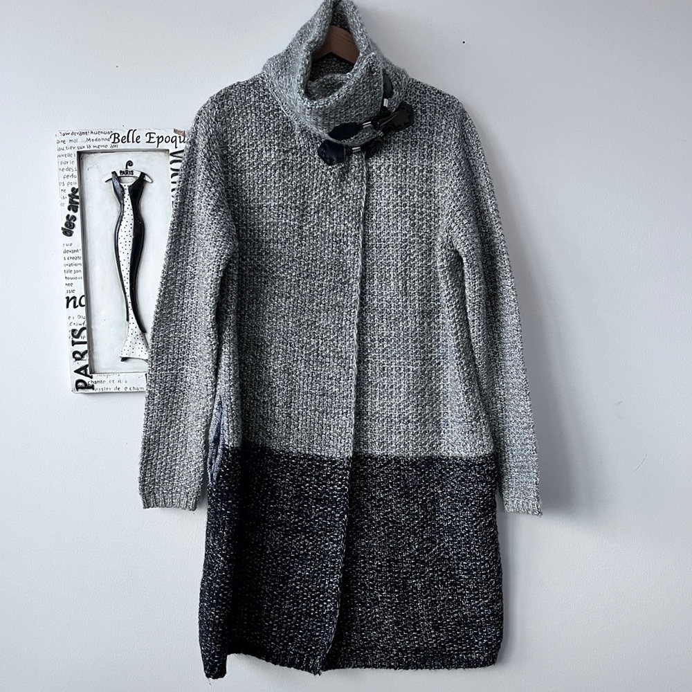 Simply Couture Heavy Knit Gray Metallic Gold Sweater Coat Duster Size L